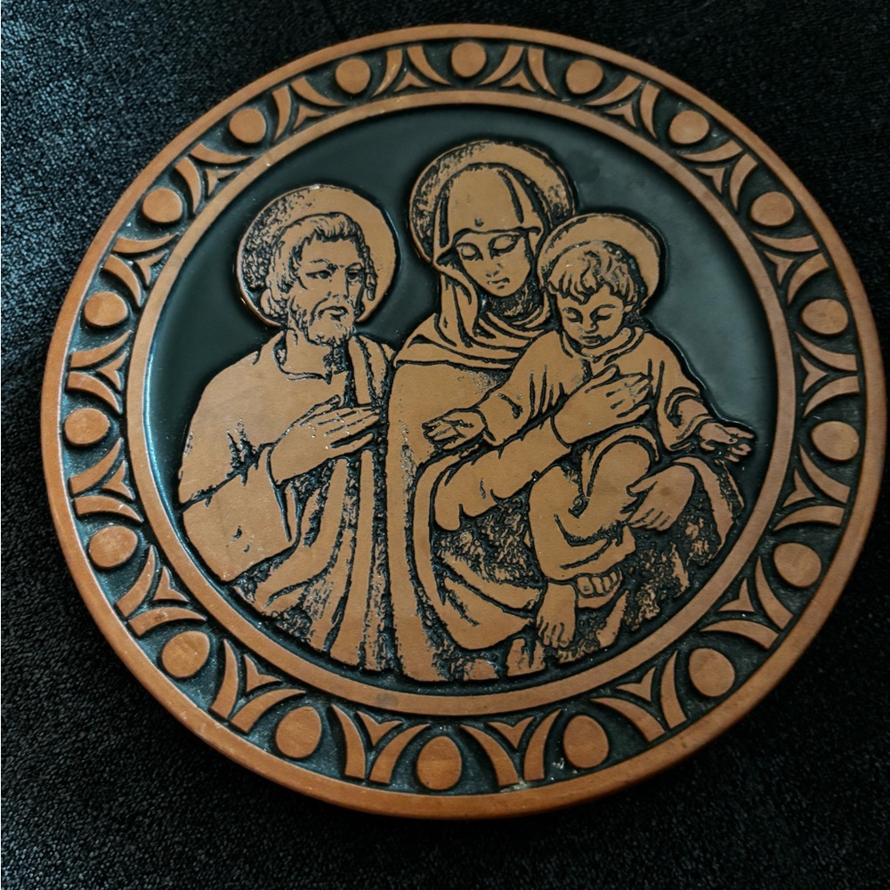 Frankoma USA  Pottery Trivet Mary Joseph Baby Jesus Deep Dark Green Terracotta